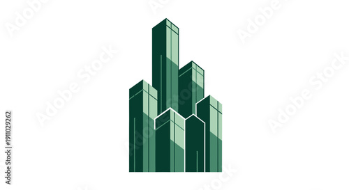 Minimalist Emerald-Hued Urban Cityscape Depicting Architectural Structures With Clarity