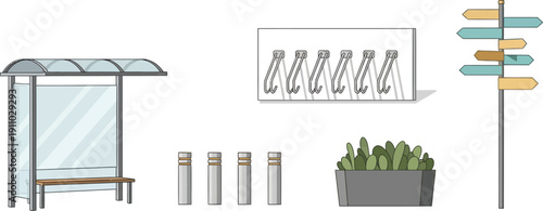 Bus stop shelter street signs planting pots directional arrows public transport waiting area illustration