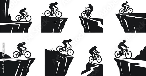 Collection of silhouette vector illustrations depicting mountain bikers navigating dangerous cliff edges