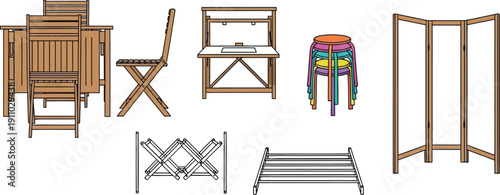 Collection of wooden outdoor furniture including table, chairs, stools, and storage racks on transparent background