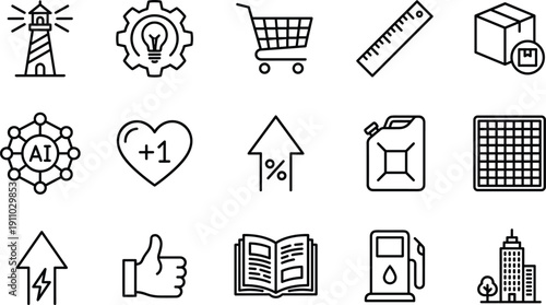 Business, retail, energy, AI, shopping, logistics, finance, outline, icon, set, vector, minimal, technology, symbols, collection, isolated, background