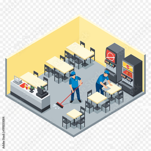 People cleaning a restaurant dining area with tables and serving stations.