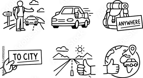 Hitchhiking and roadside travel icons
