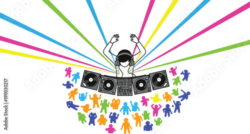 Electronic music dj performs on turntables with neon light beams and dancing crowd silhouette at music festival event