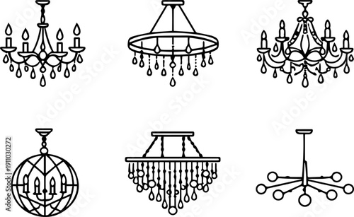 Chandelier lighting interior decor icons. Vector