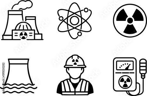 Nuclear energy and radiation icons. Vector