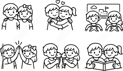 Happy children friendship and kids activities outline icons. Vector