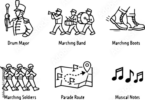 Marching parade, band performance and military procession line icons
