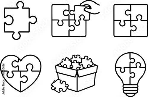 Puzzle pieces and problem solving concept line icons. Vector