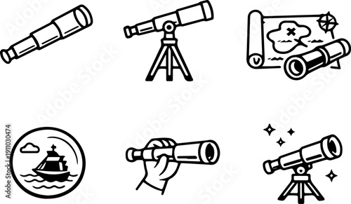 Telescope and exploration equipment line icon set
