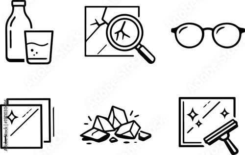 Cleaning service and broken glass repair line icons. Vector