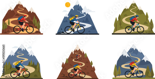 Man cycling mountain road downhill steep trail scenic landscape adventures sports recreation illustration scenes