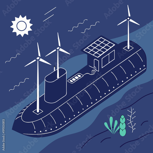 Renewable Powered Research Submarine Docked in Deep Blue Water, Ready for Underwater Exploration and Scientific Study.