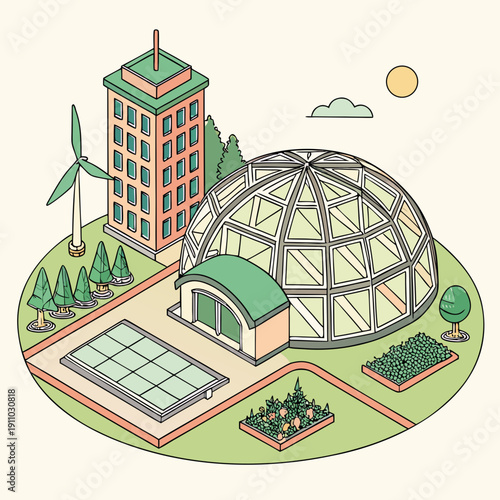 Sci-Fi Isometric Greenhouse City Dome Powered by Renewables, Depicting Future Urban Agriculture and Sustainable Living.