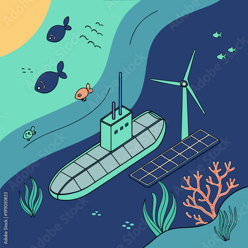 Renewable Powered Research Submarine Docked in Deep Blue Water, Ready for Underwater Exploration and Scientific Study.