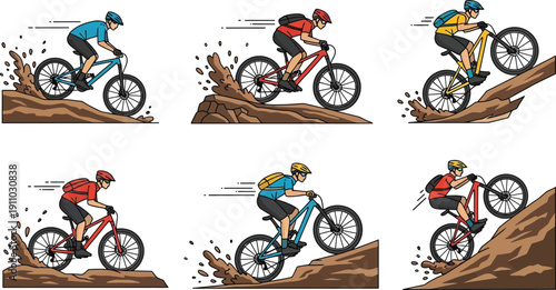 Mountain bike riders navigating muddy forest trails vector set featuring uphill climbs and splashing dirt action scenes