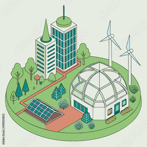 Sci-Fi Isometric Greenhouse City Dome Powered by Renewables, Depicting Future Urban Agriculture and Sustainable Living.
