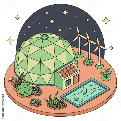 Futuristic Renewable Powered Space Habitat with Green Biosphere, Off-world Colonization and Sustainable Living Vector