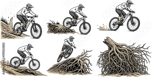 Mountain biker navigating rough terrain with exposed tree roots, extreme sport, dynamic action
