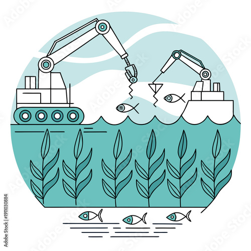 Robotic Ocean Farming for Sustainable Seaweed Cultivation, Flat Design Vector Illustration of Future Aquaculture