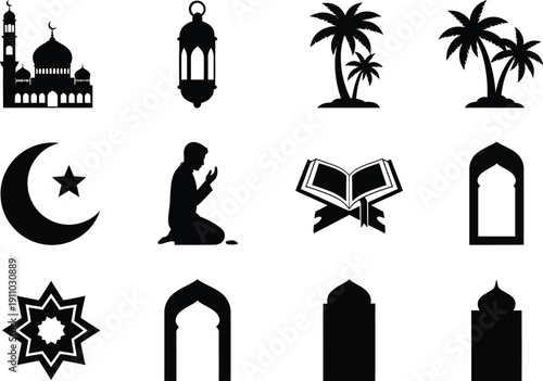 Islamic religious icon set with mosque and crescent