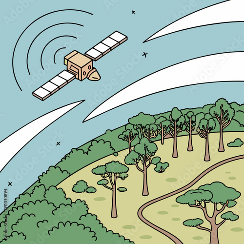 Satellite Monitoring Deforestation from Earth View, Environmental Protection and Climate Change Vector Illustration