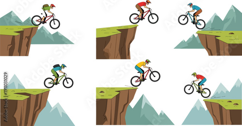 Mountain biking extreme sports vector set, downhill bike ride, adventure outdoors on cliffs and hillsides