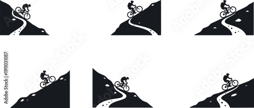 Mountain biking silhouette collection showing riders on steep rocky trails with winding paths and uphill climbing hills