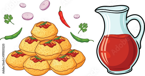 Panipuri street food with spicy water and fresh ingredients vector art design illustration