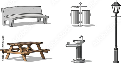 Park furniture and amenities stone bench trash cans street lamp wooden picnic table water fountain illustrations