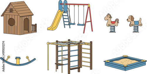 Playground equipment set with sandbox swings slide jungle gym horse and dog rocking toys and small wooden house
