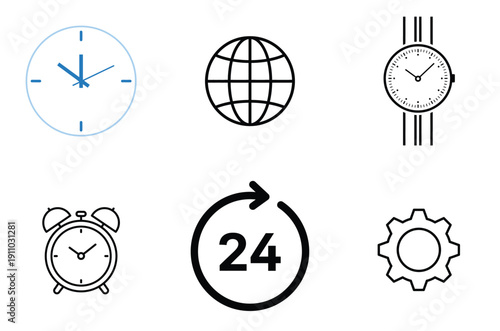 Collection of icons representing time, cycles, and global connectivity concepts