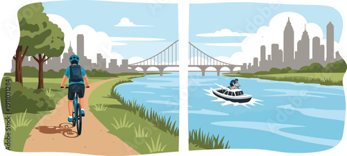 Park landscape scene with cyclist on path and motorboat on river with city skyline and bridge in background distance set