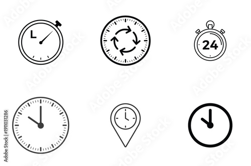 Collection of diverse clock icons representing various time-related functionalities