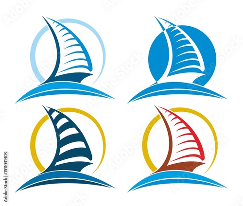 Symbols of sailing vessels with blue wave.