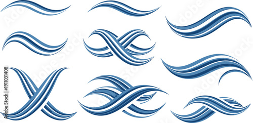 Set of abstract blue waves and curved lines designs, ideal for background, decorative elements, or logos