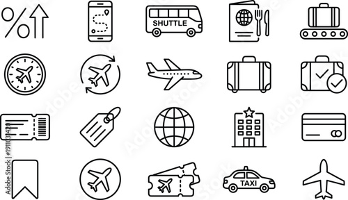 Travel, airport, airline, shuttle, taxi, luggage, ticket, hotel, booking, flight, tourism, outline, icon, set, vector, minimal, collection, isolated