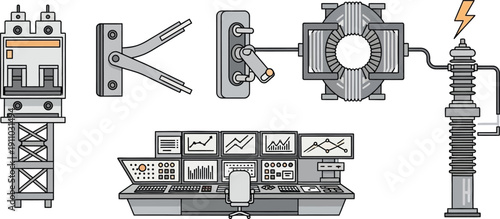 Set of vector illustrations depicting various industrial and electrical engineering components and control room