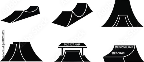 Various bicycle jump ramps for extreme sports, freestyle tricks, skatepark elements, performance