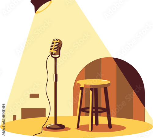 Vintage microphone on stage under spotlight with stool symbolizing stand up comedy performance music concert and entertainment