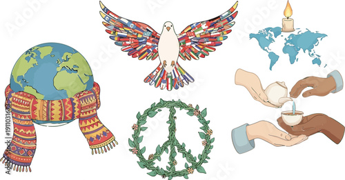 World peace concept, globe with scarf, dove of peace, olive wreath, hands sharing tea, candle with map