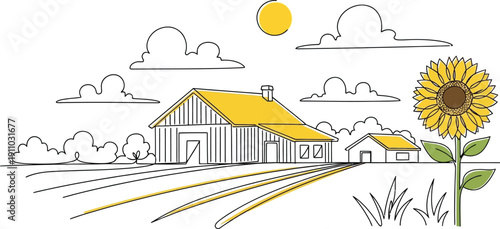 Sunny Farm Scene with Barn and Sunflower