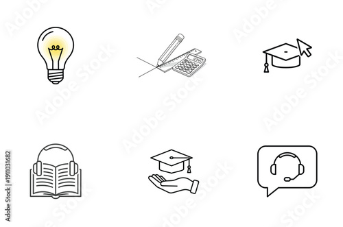 Six icons representing various concepts of knowledge, learning, and communication
