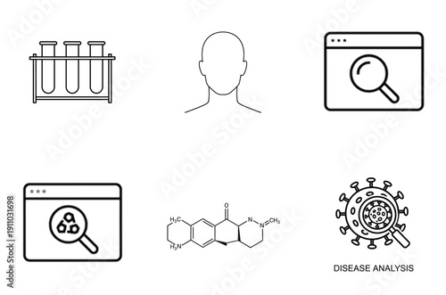Illustrations of scientific research and medical concepts involving samples and pathogens