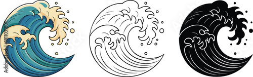Ocean wave silhouette & Outline and illustration set isolated on transparent background