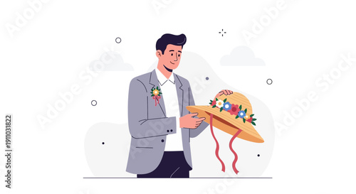 Joyful Gentleman Holding A Festive Summer Hat Adorned With Flowers