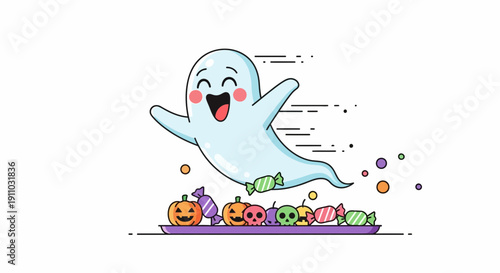 Joyful Ghost Flying Over Candy And Pumpkins For Halloween Celebration Illustration