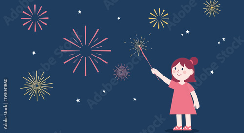 Joyful Girl Celebrates With Sparkler Amidst Festive Night Sky Fireworks