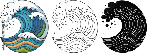 Ocean wave silhouette & Outline and illustration set isolated on transparent background