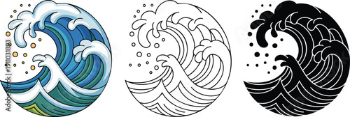 Ocean wave silhouette & Outline and illustration set isolated on transparent background